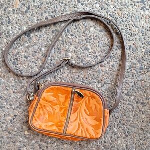 Vintage Alexander Tooled Italian Leather Crossbody Orange Floral Brown Strap